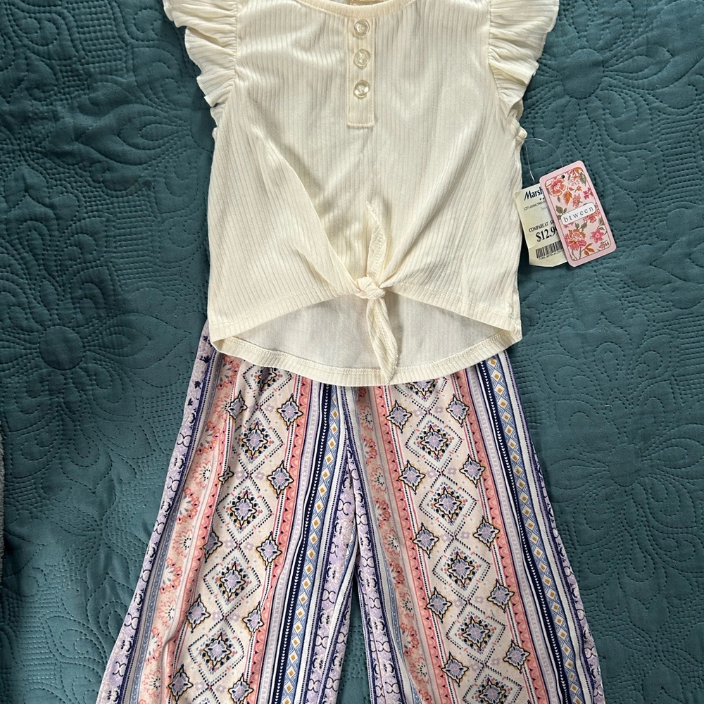 btween - Toddler Girl’s Cream Top with Floral Patterned Pants